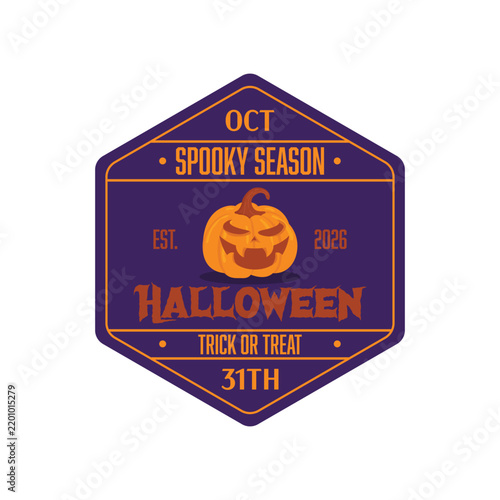 Spooky Season Halloween Hexagon Badge with Jack O Lantern Pumpkin