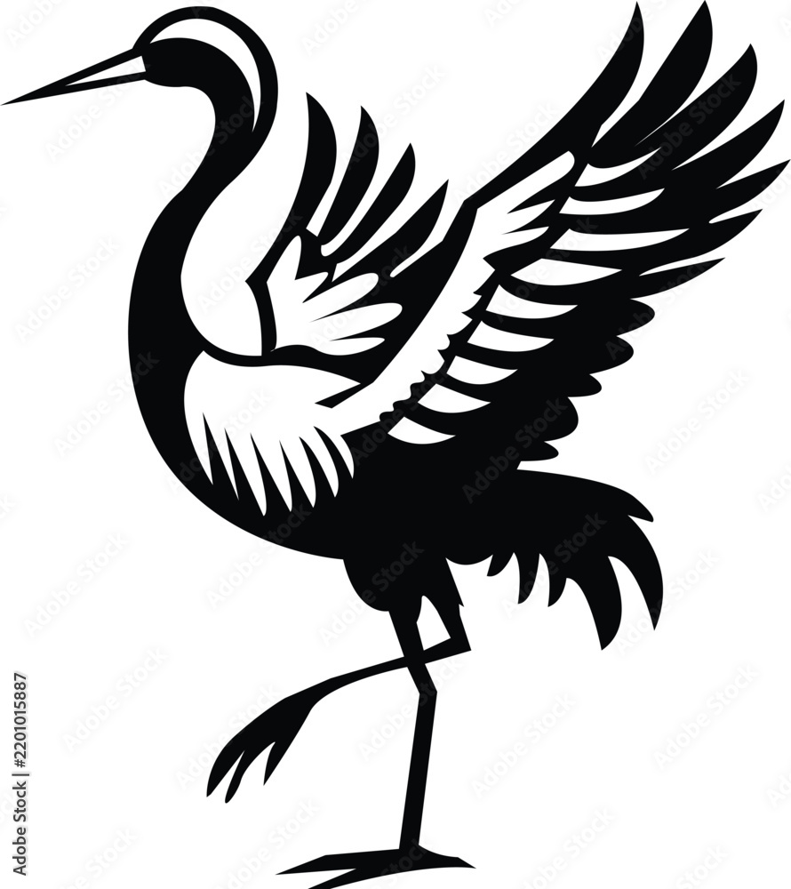 Obraz premium Silhouette of a crane in flight with wings spread wide, showcasing its elegant form and graceful movement