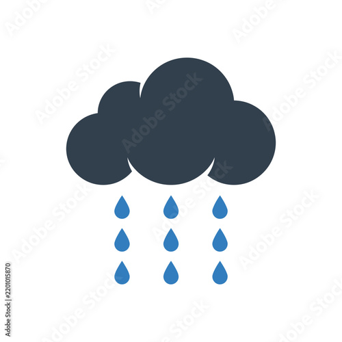 Minimalist Rain Cloud Icon with Falling Blue Raindrops - Flat Vector Illustration of Rainy Weather Forecast Symbol Isolated on White Background