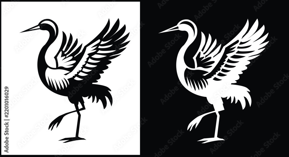 Obraz premium Stylized graphic vector illustration of a graceful crane bird in flight, featuring high contrast black and white designs suitable for logos or tattoos