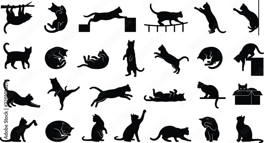 Obraz premium Creative Cat Silhouette Collection with Unique Poses on White Background