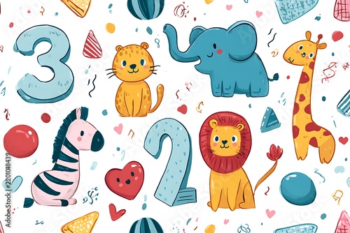 Cartoon animals and numbers pattern with lion, giraffe, elephant, zebra, leopard, heart, balls, and abstract shapes.
