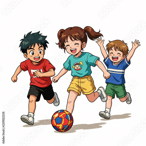 Cheerful Kids Playing Football with a Colorful Ball