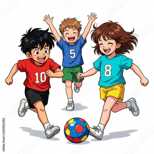 Three Cheerful Children Playing Football