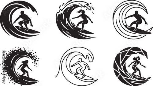 Six black and white of surfers riding inside large ocean waves, featuring various artistic styles, silhouettes, and patterns