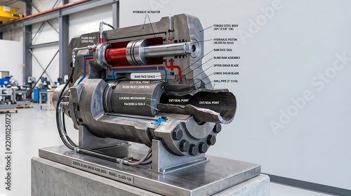Cutaway model of subsea blowout preventer BOP blind shear ram