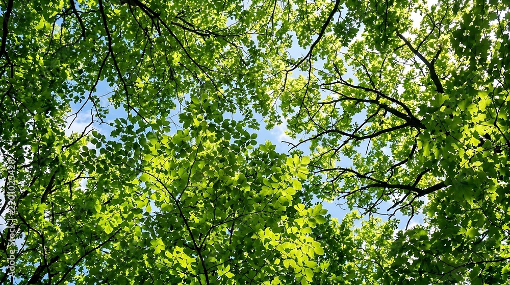 Fototapeta premium Looking up through bright green forest canopy with sunlit leaves and blue sky