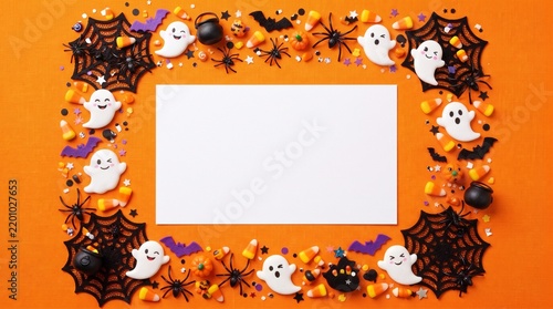 Halloween background with a white paper frame decorated with cute ghosts and spiders on orange surface