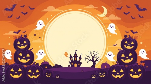 Halloween background with spooky pumpkins ghosts and a haunted castle under a large full moon in orange sky