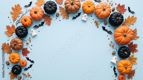 Festive halloween border frame with orange and black pumpkins autumn leaves and bats on light blue background
