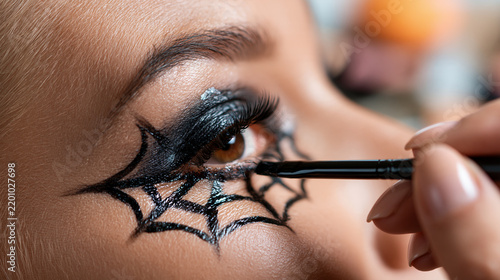 Close up of a spooky spiderweb eye makeup during a Halloween celebration Generative AI