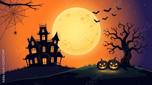 Spooky haunted mansion with glowing pumpkins under a large full moon on a dark halloween night background