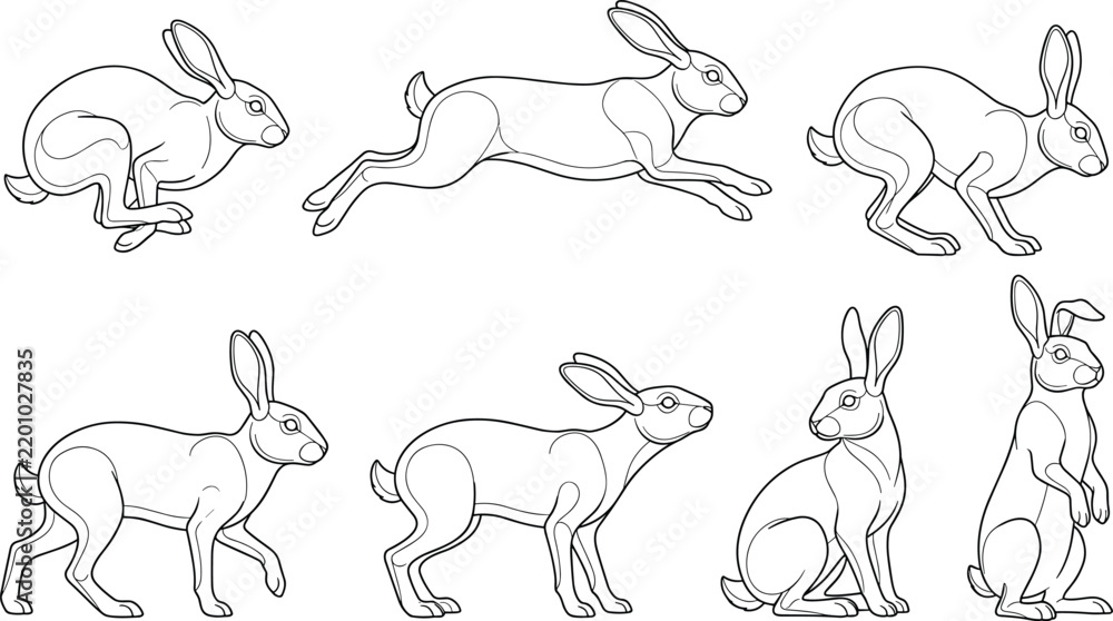 Obraz premium Rabbit Line Art Collection Featuring Eight Detailed Bunny Poses for Easter Coloring Pages and Spring Designs