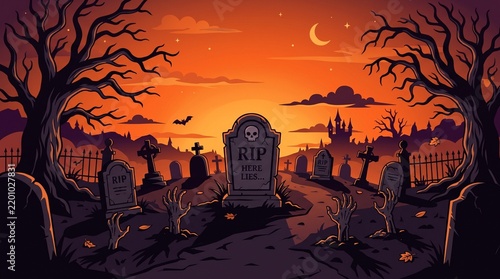 Spooky halloween graveyard scene with silhouettes of tombstones and bare trees against a vibrant orange sunset sky