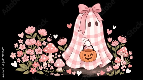 Cute ghost wearing a pink gingham sheet surrounded by mushrooms, flowers, and hearts.
