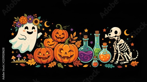 Cute Halloween illustration with a ghost, pumpkins, skeleton, and magic potion bottles on black background.