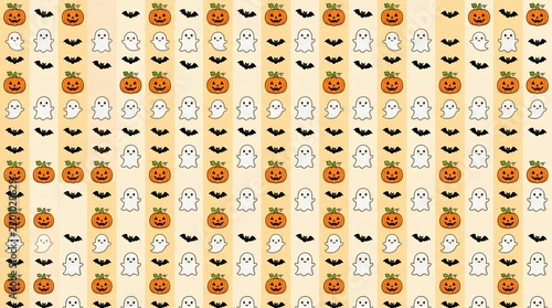 Cute Halloween pattern featuring repeating rows of small ghosts and smiling pumpkins on a light background.