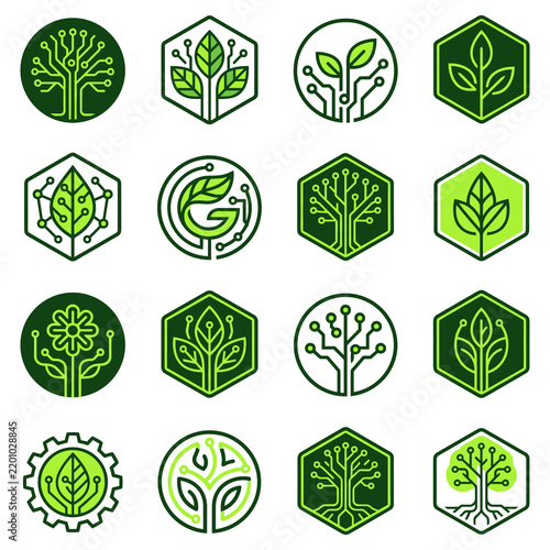 Eco Friendly Green Tech Logo Set with Leaf and Circuit Board Design Elements for Sustainable Branding