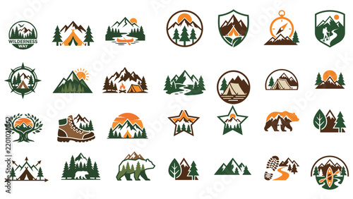Adventure Vector Logo Collection Featuring Mountains, Forest, and Camping Badges for Outdoor Branding