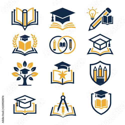 Minimalist School Branding and Education Vector Logo Collection with Graduation Icons and Books