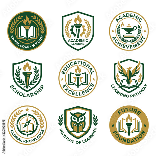 Set of Academic Emblems and Educational Badges Featuring Books Torches and Laurel Wreaths