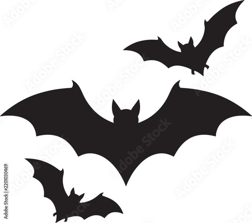 Three black flying bats silhouette icons representing spooky halloween night creatures and mysterious wildlife animals flapping wings in the dark sky for holiday decoration
