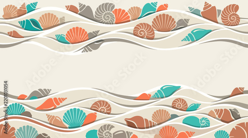 Decorative Seashell Border Pattern with Wave Lines in Coastal Colors