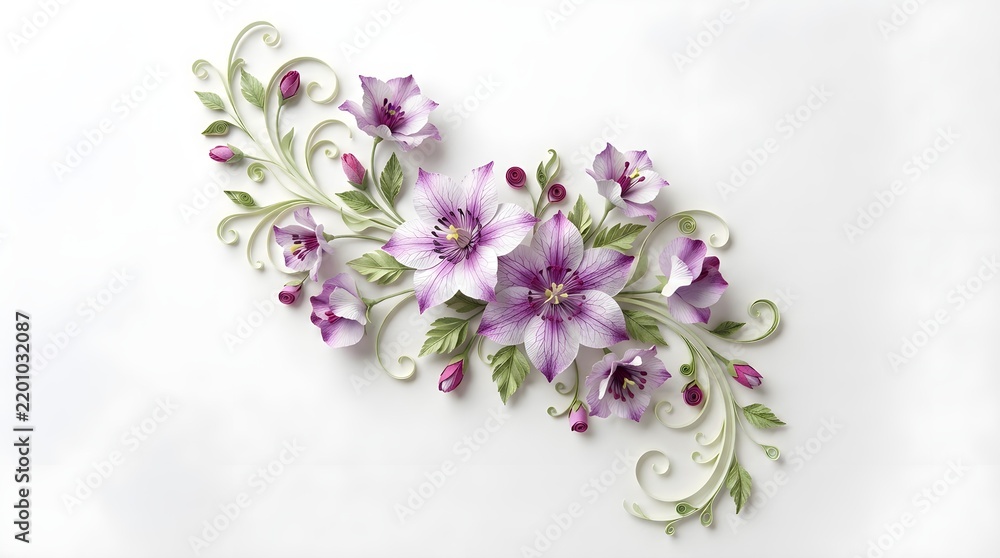 Fototapeta premium Exquisite Floral Arrangement Featuring Delicate Purple Clematis Blossoms and Intricate Swirling Foliage on a Clean White Background
