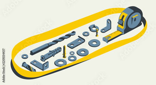 Isometric illustration of hardware tools and construction components including drill bits and screws on light background