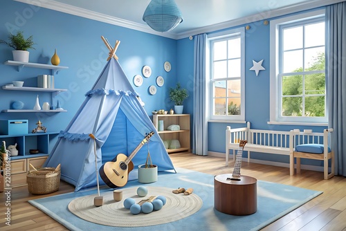 Bright Blue Children Bedroom Interior Featuring a Play Tipi Tent and Acoustic Guitar on Wooden Floor