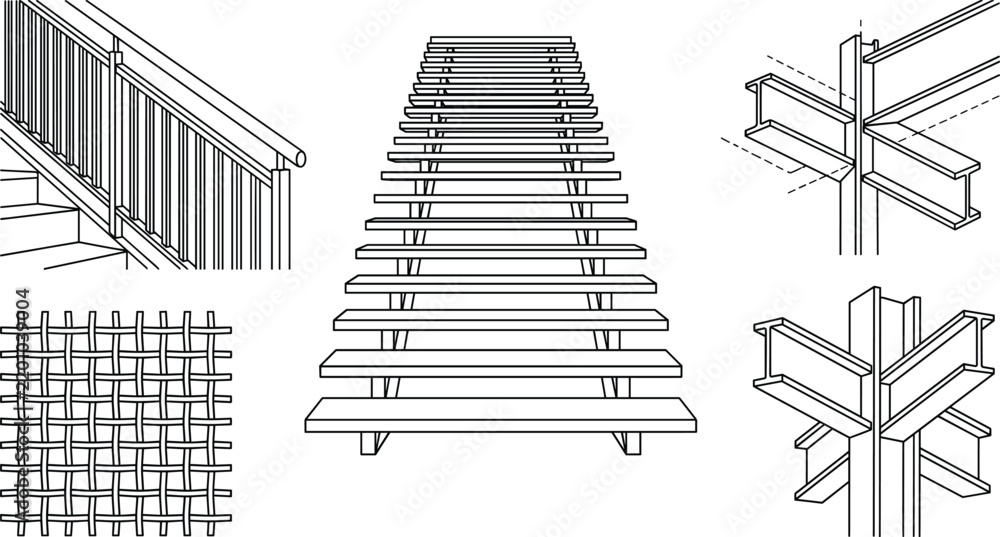 Obraz premium Industrial Construction Metal Stair and Steel Beam Line Art Vector Set for Engineering Designs