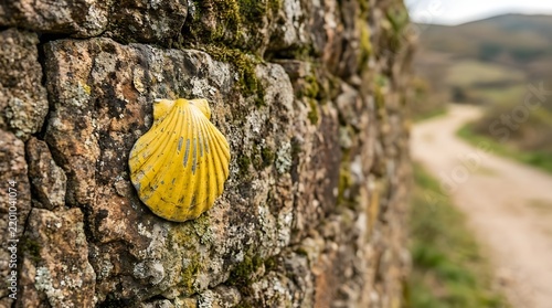 Scallop Shell Waymarker on Stone Wall Along Pilgrimage Route