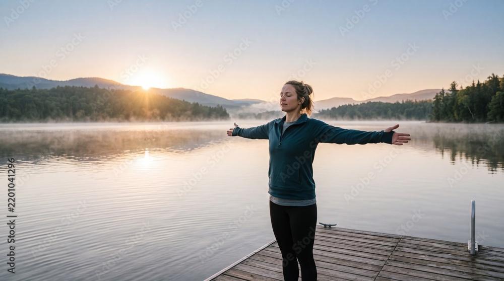 Fototapeta premium Side profile of woman in yoga wear meditating deeply by misty lakeside in morning light