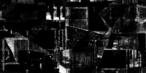 abstract black and white glitch style grunge texture with various paper cutting shape style stripes
