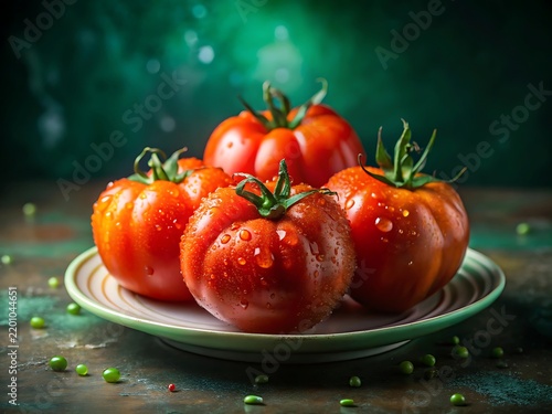 Fresh Ripe Red Tomatoes With Water Droplets On A Plate Against A Dark Green Background