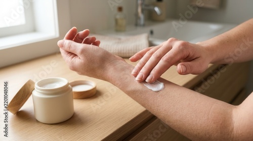 Woman Applying Moisturizing Cream to Arm After Bath, Skincare Routine