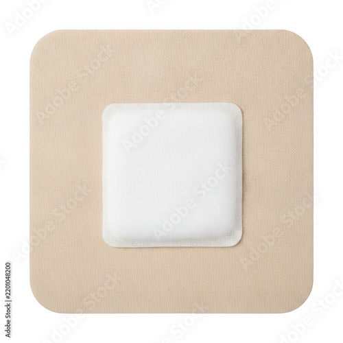 Square adhesive medical bandage with a white central pad and tan fabric border isolated on a white background, for wound care treatment isolated on a transparent background