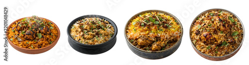 Delicious spicy chicken biryani set in various traditional bowls showcasing vibrant colors and aromatic spices isolated on transparent background