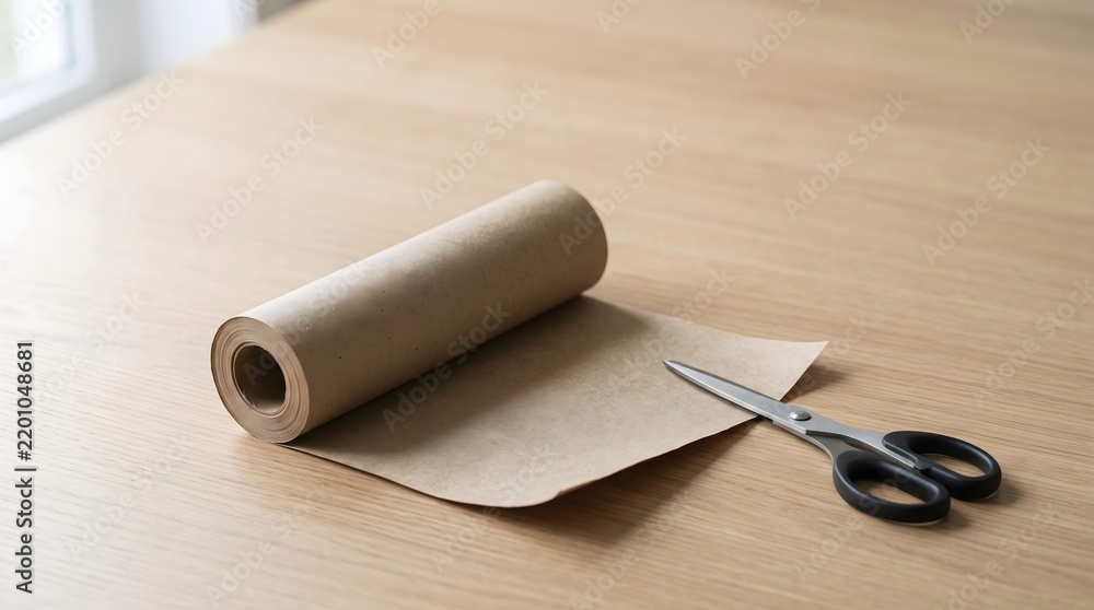 Fototapeta premium Recycled paper roll beside scissors, sustainable DIY gift wrapping concept