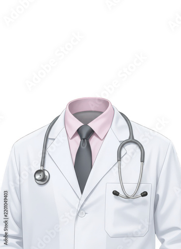 Torso of a doctor wearing a white lab coat, a light pink collared shirt, a dark grey necktie, and a silver stethoscope around the neck isolated on a transparent background