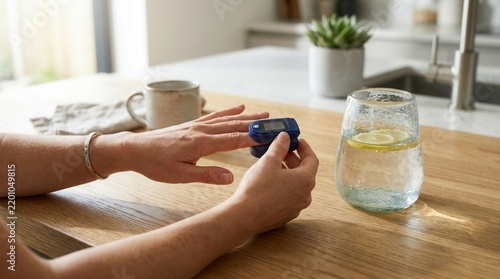Woman checking oxygen saturation with a pulse oximeter at home, healthy lifestyle, wellness, medical device usage