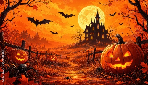 The Halloween banner features a field, pumpkins, spiders, bats, and a haunted house, set against an orange sky with a moon.