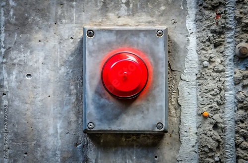 Illuminated Red Emergency Stop Button Mounted on a Grey Concrete Wall Surface alarm