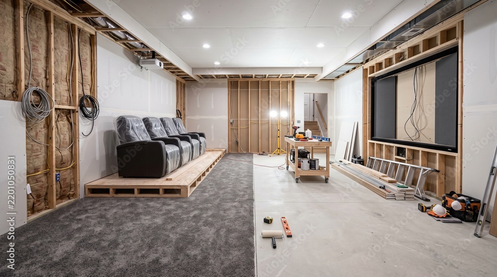 Obraz premium Basement Finishing Project Showcasing Flooring Installation and Home Theater Construction