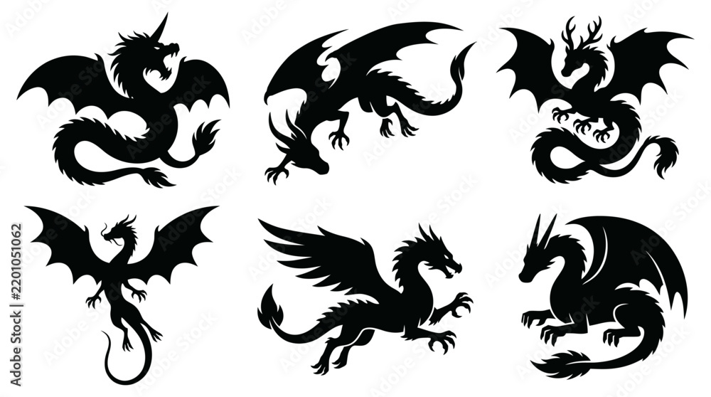 Fototapeta premium Serpentine and ornate fantasy dragon silhouette collection.
