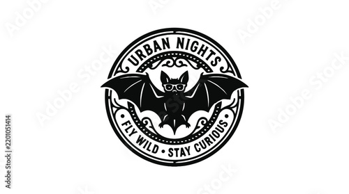Black circular emblem featuring a stylized bat wearing glasses with decorative ornate border line art