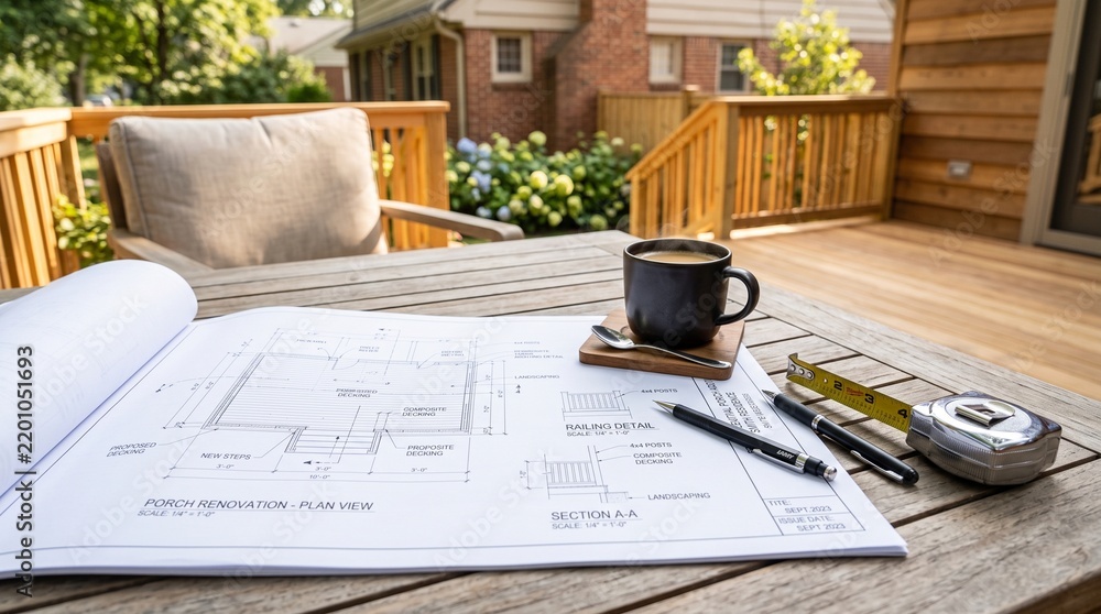 Fototapeta premium Architectural blueprints for patio and porch renovation, planning exterior finishing on a wooden deck
