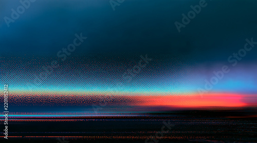 Abstract Retro Dithered Horizon Background with CMYK Halftone Dots and Glitch