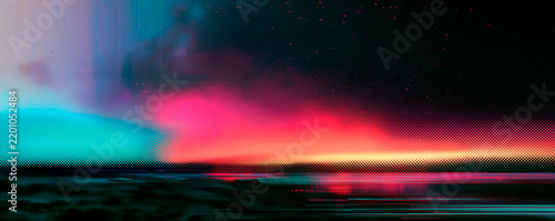 Modern Glitch Noise Halftone Backdrop Evoking Moody Coastal Landscape Style