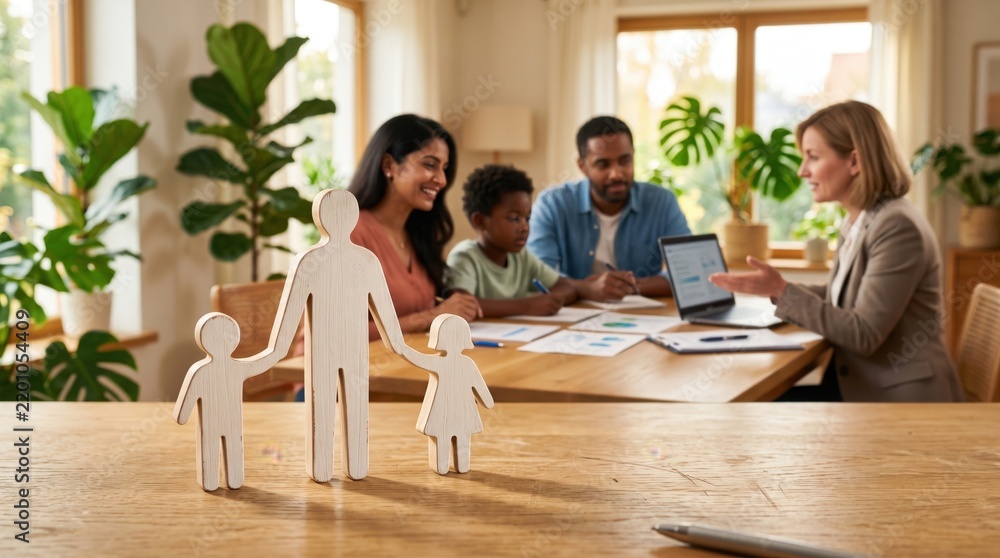 Fototapeta premium Wooden family figurine standing on a wooden desk with a blurred family meeting in a bright home office featuring a woman and child sitting at a table with a laptop and documents